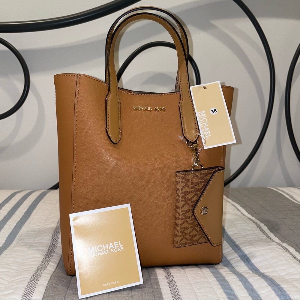 Michael Kors Tan Saffiano Leather Tote with Monogram Card Case
